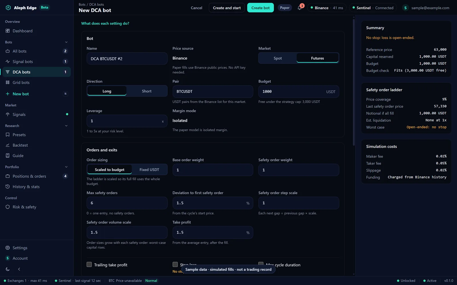 New DCA bot form with the safety order ladder, costs and worst case