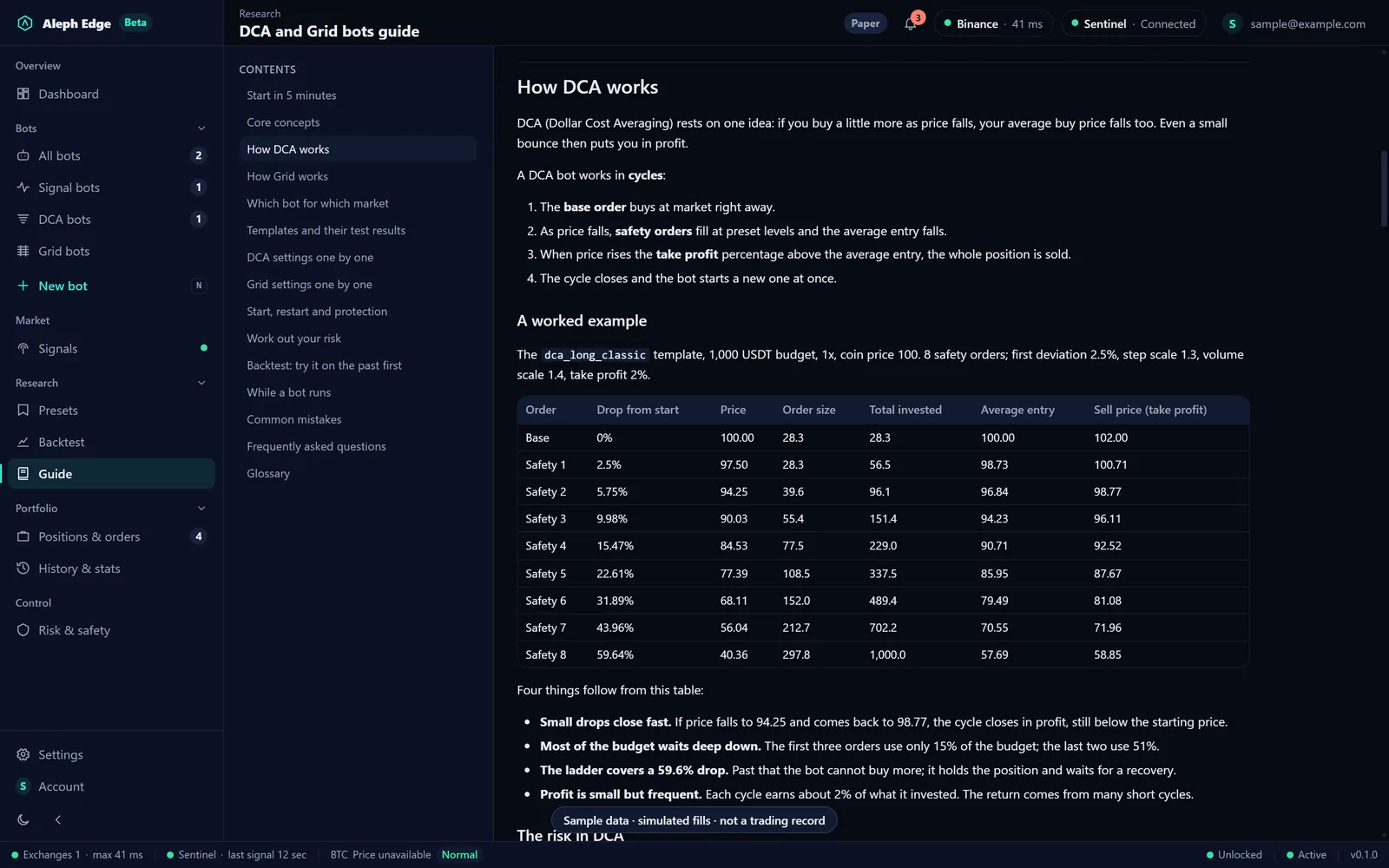 In-app guide explaining a DCA ladder with worked numbers