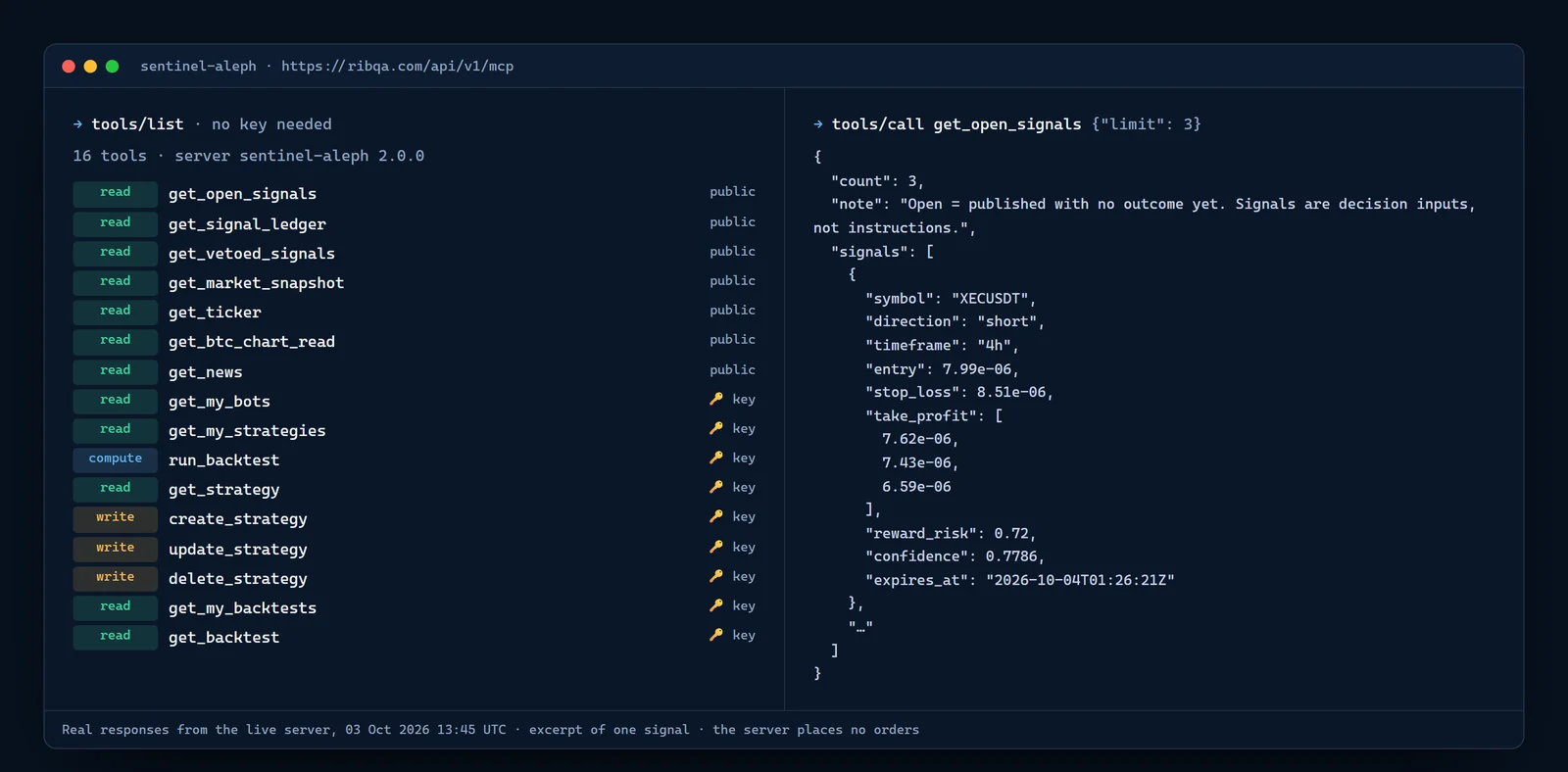 Real tools/list and get_open_signals responses from the Sentinel Aleph MCP server
